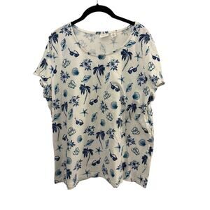 Weekend by Chicos Beachy White Blue T-Shirt Cotton Modal Soft Sea Shells Beachy